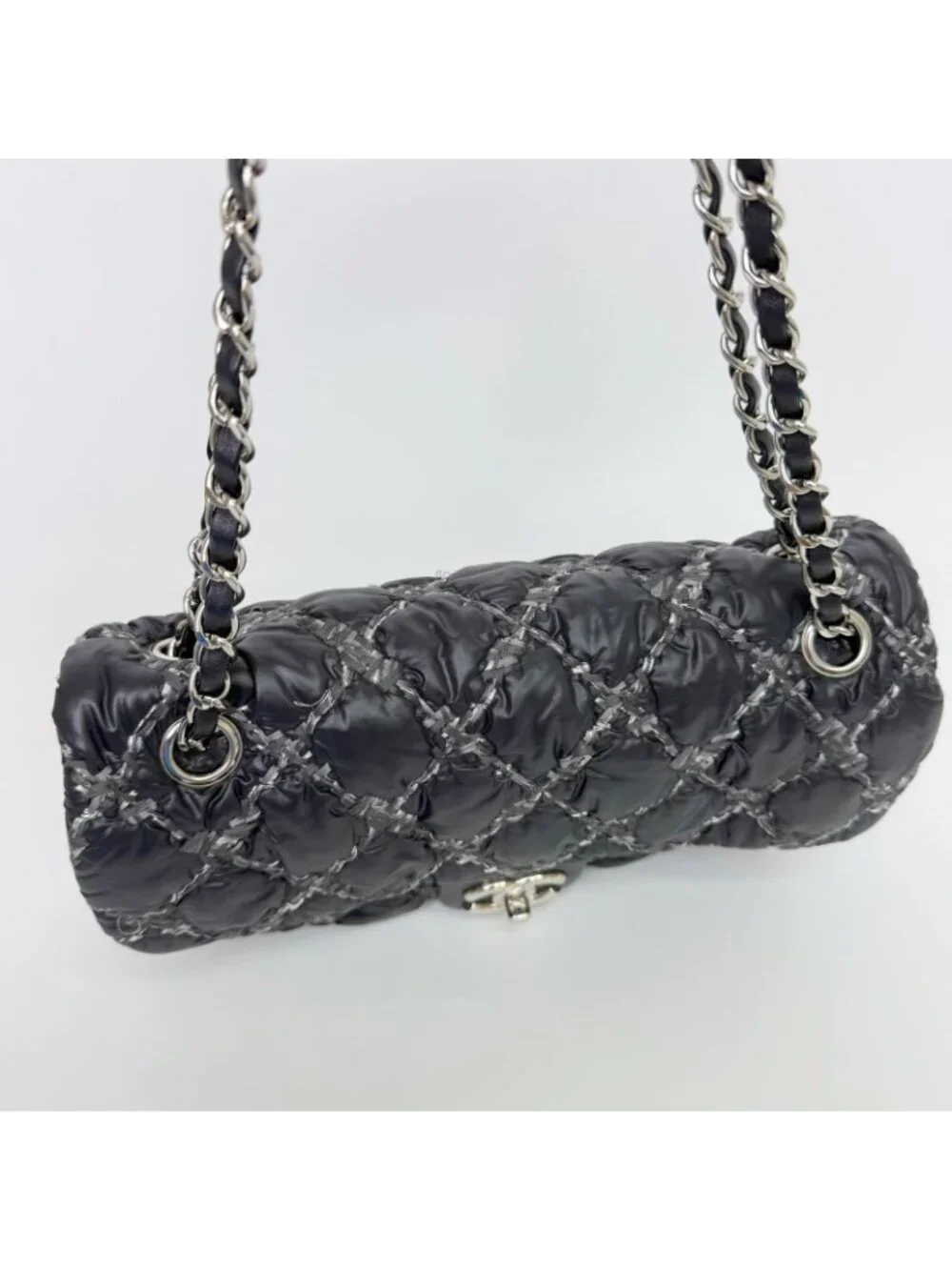 Chanel Quilted Tweed on Stitch Bubble Flap Shoulder Bag Nylon Black Silver Seal